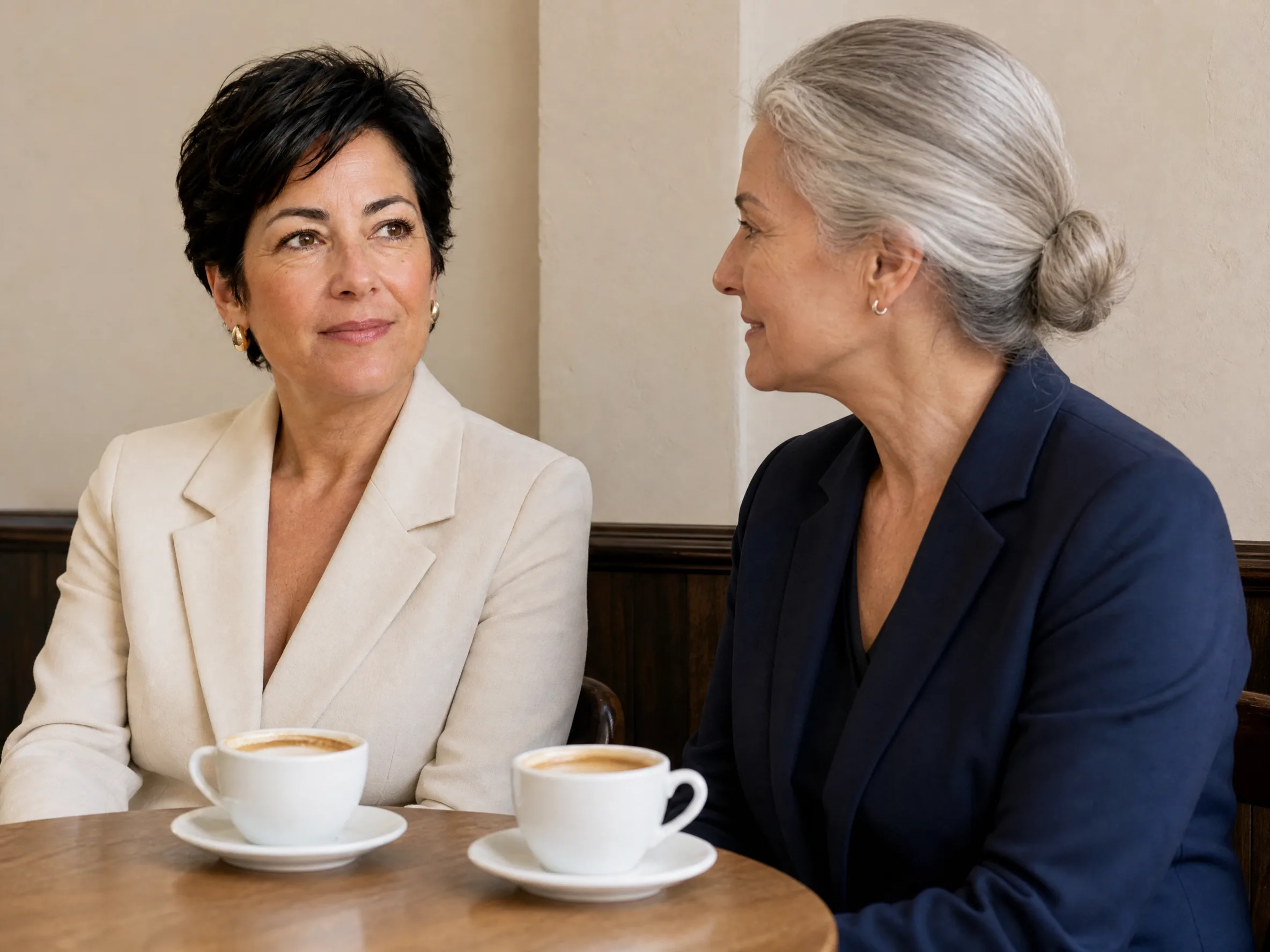 Dos mujeres de unos 50 tomando café en un casco antiguo