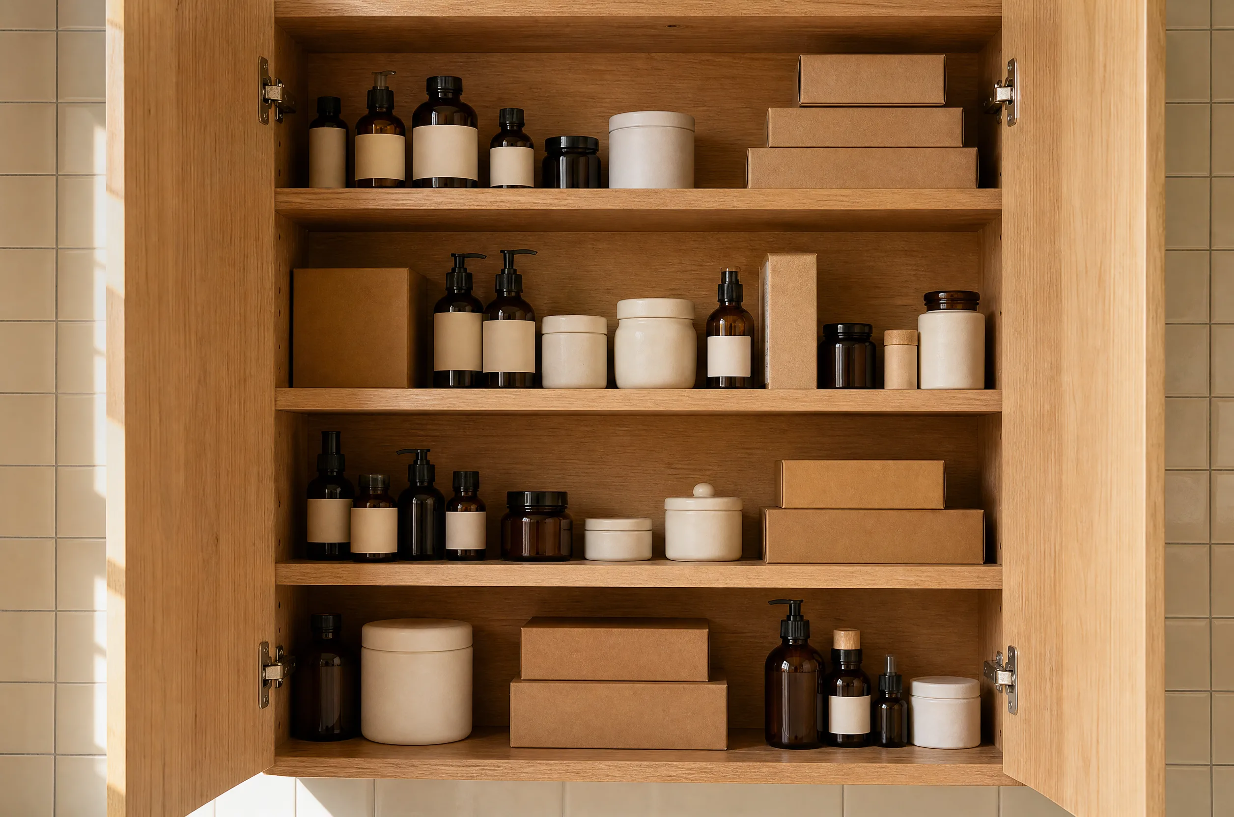 Un armario de madera abierto, lleno de frascos y cajas sin marcas legibles