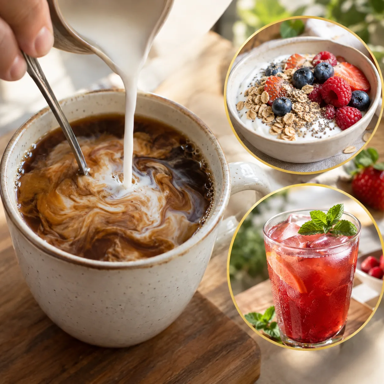 Cuchara en el café, yogur y una bebida fría