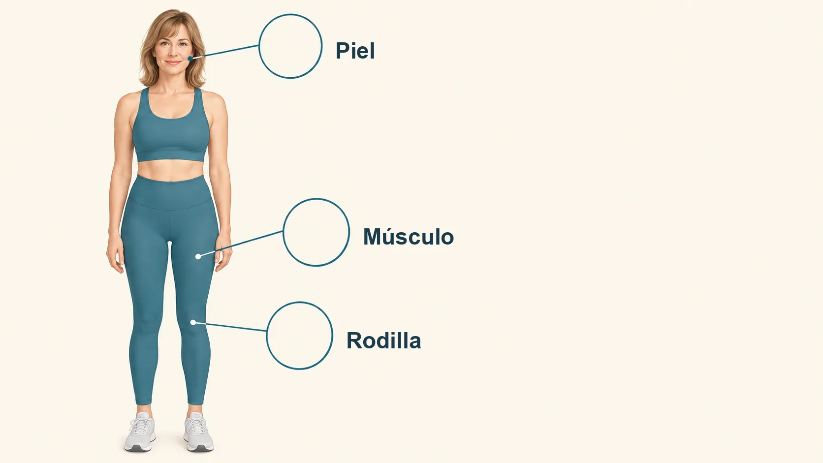 Piel, músculo y rodilla, marcados en la misma figura