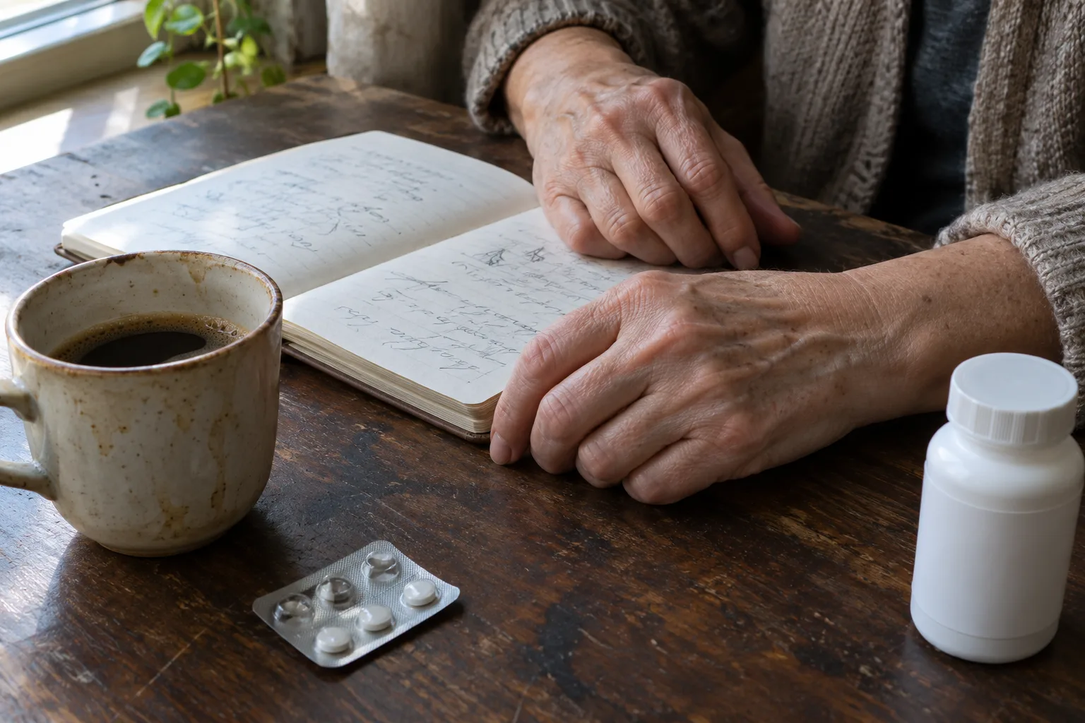 Manos en una mesa de madera, cuaderno escrito, café, frasco sin marca