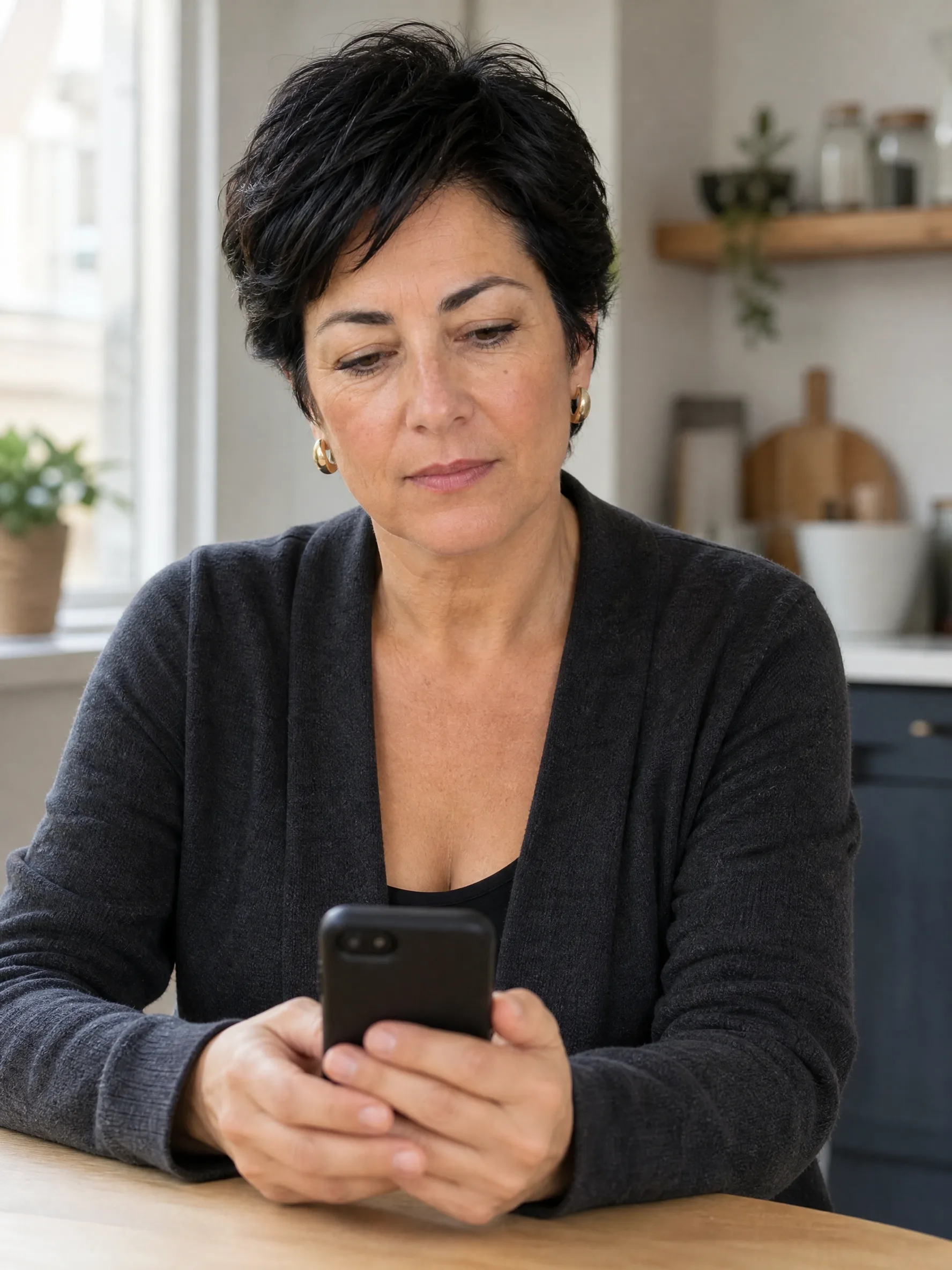 Mujer de unos 55 en la mesa de la cocina, mirando el teléfono