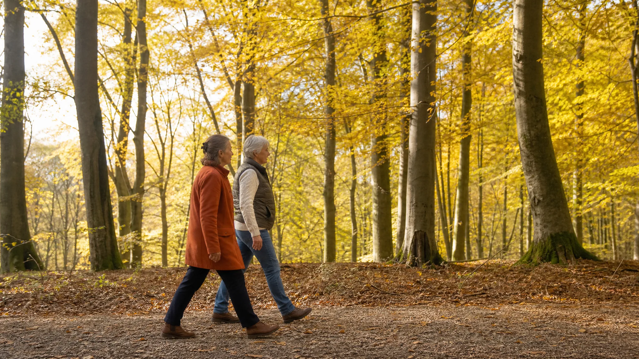 Dos mujeres caminando a paso rápido por un sendero de otoño, de lado